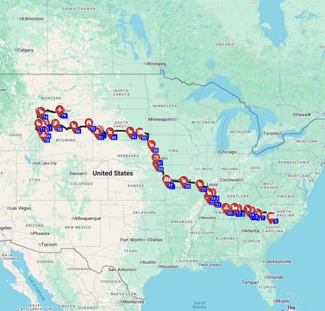 Map for השכרת קראוון למשפחות תכנון מסלול טיול קרוואנים בארהב משארלוט לבילינגס